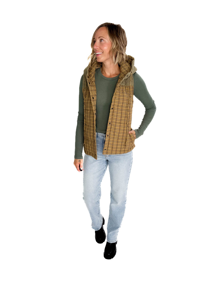 Larissa Corduroy Mixed Plaid Puffer Vest- MUSTARD