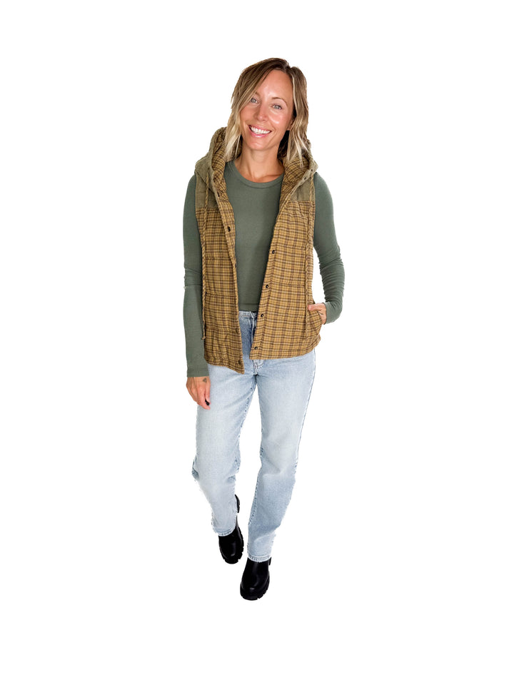 Larissa Corduroy Mixed Plaid Puffer Vest- MUSTARD