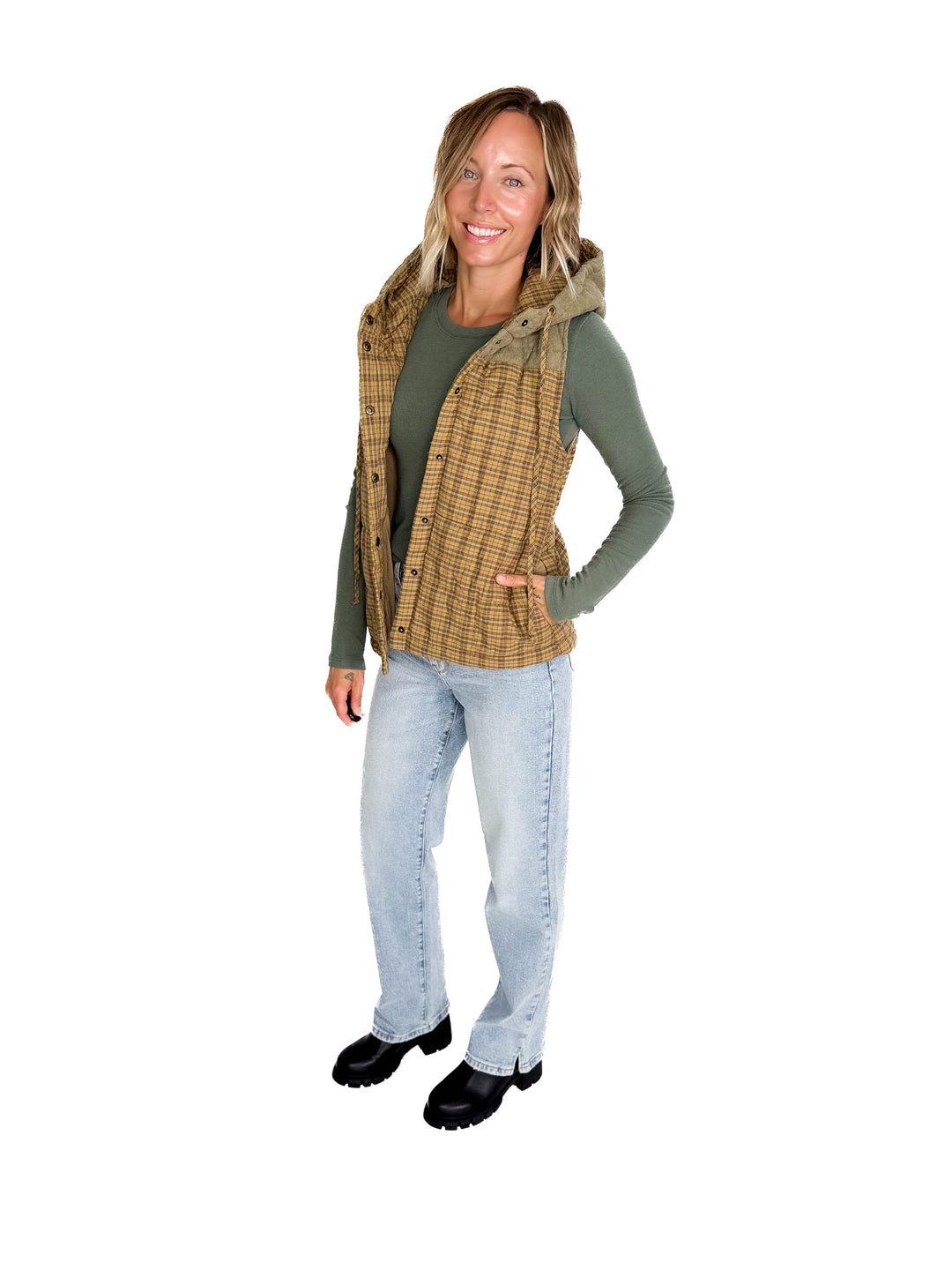 Larissa Corduroy Mixed Plaid Puffer Vest- MUSTARD