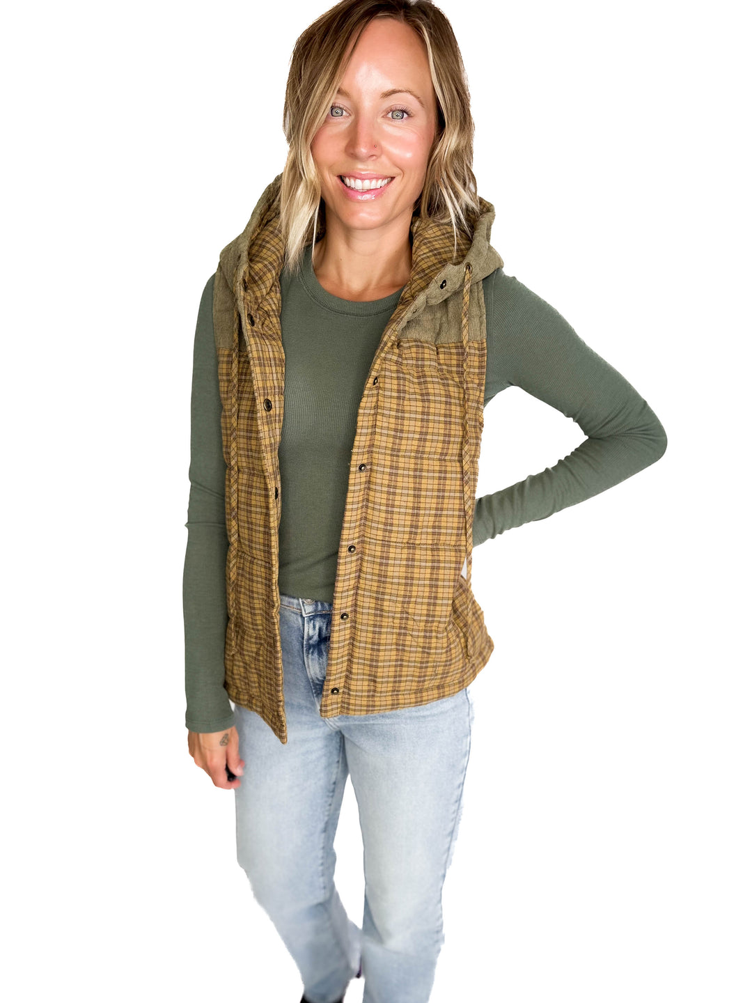 Larissa Corduroy Mixed Plaid Puffer Vest- MUSTARD