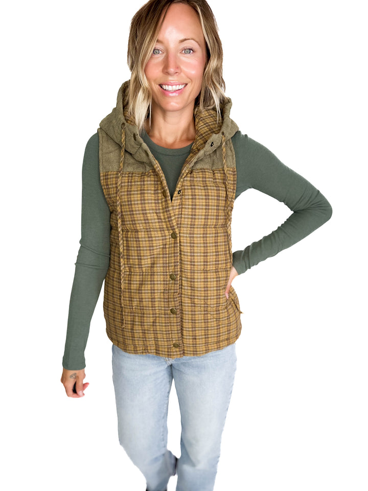 Larissa Corduroy Mixed Plaid Puffer Vest- MUSTARD