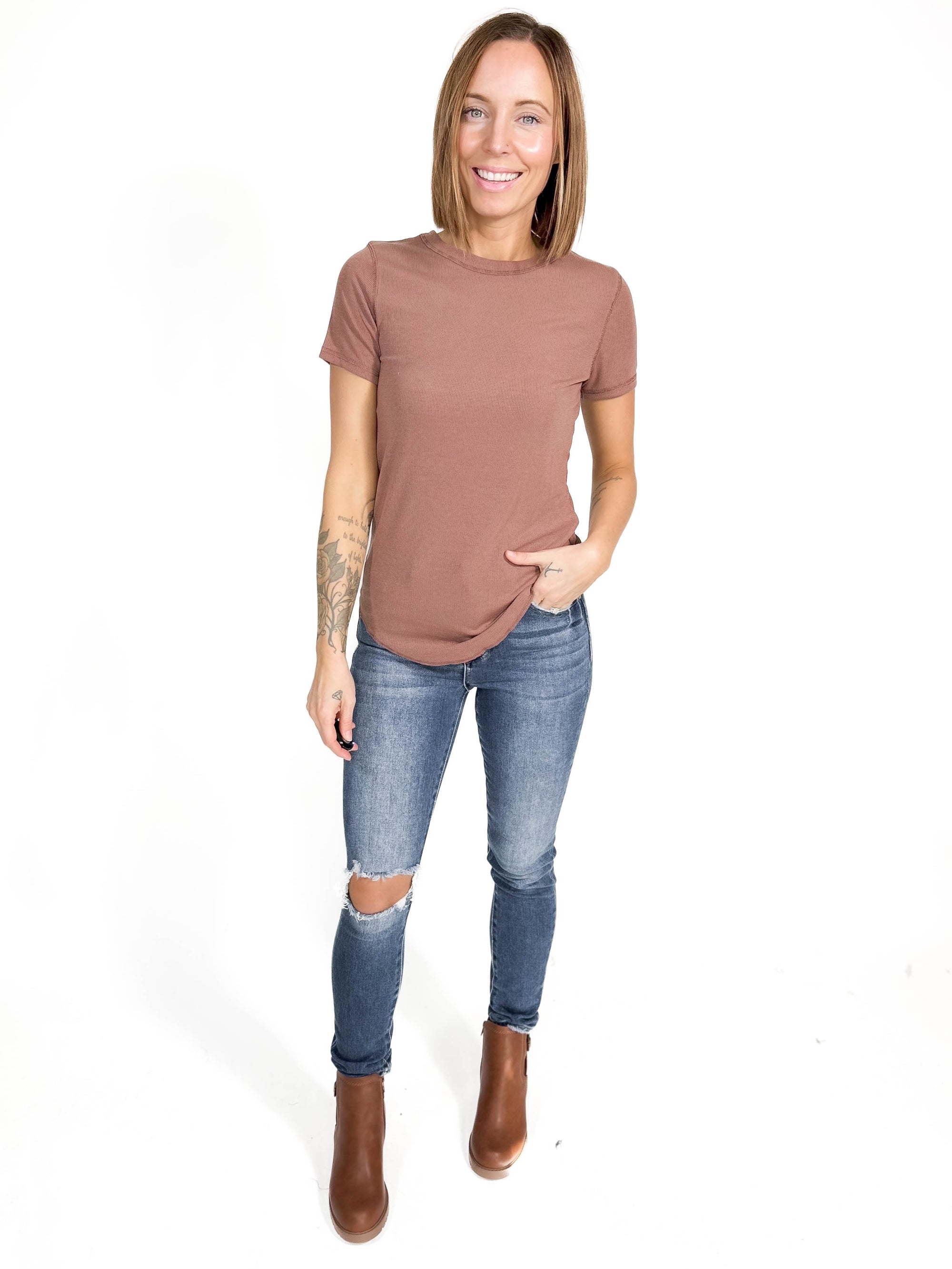 Classic Ribbed Tee- RED BEAN