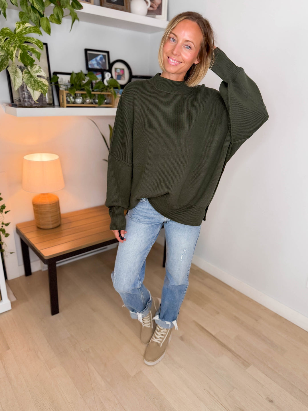 Frosted Pines Oversized Side Slit Sweater- DARK OLIVE