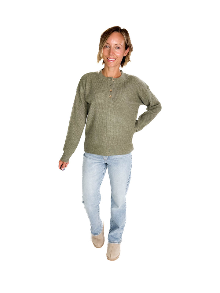 Kayla Waffle Knit Henley Sweater- CREAMY OLIVE