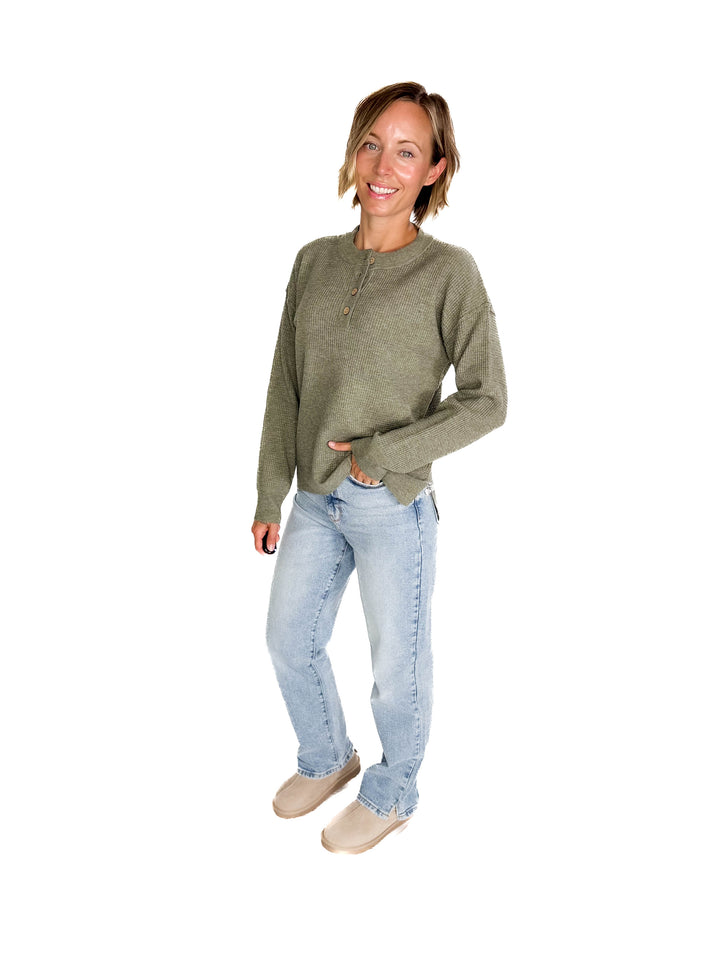 Kayla Waffle Knit Henley Sweater- CREAMY OLIVE