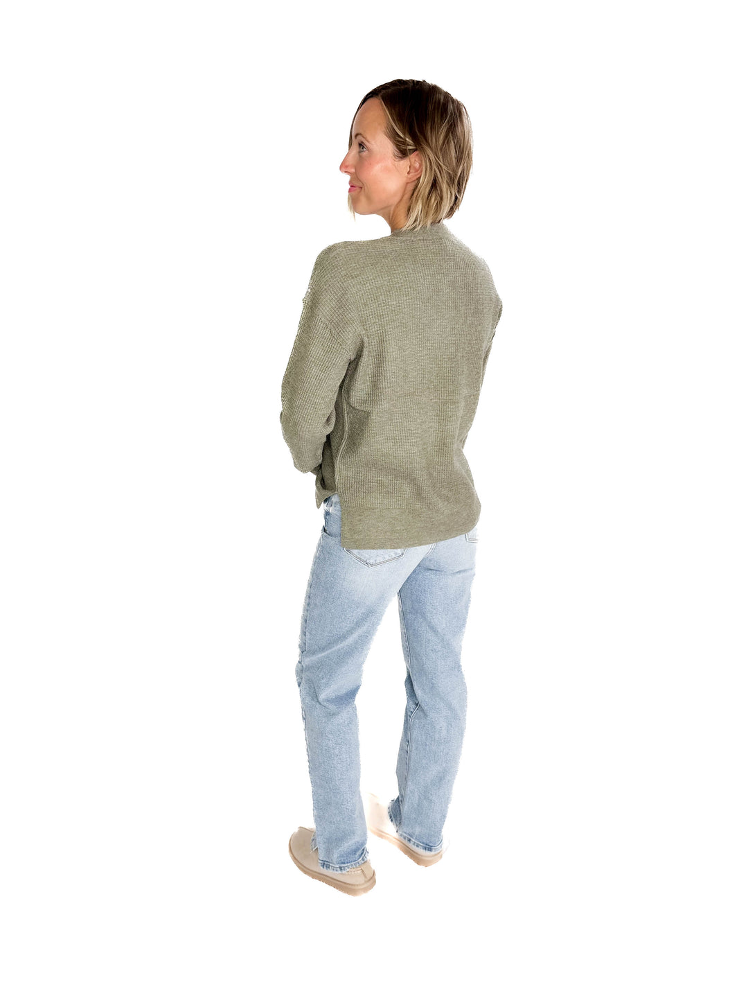 Kayla Waffle Knit Henley Sweater- CREAMY OLIVE