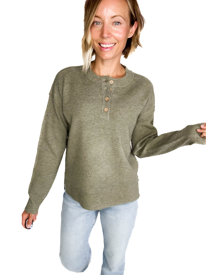 Kayla Waffle Knit Henley Sweater- CREAMY OLIVE