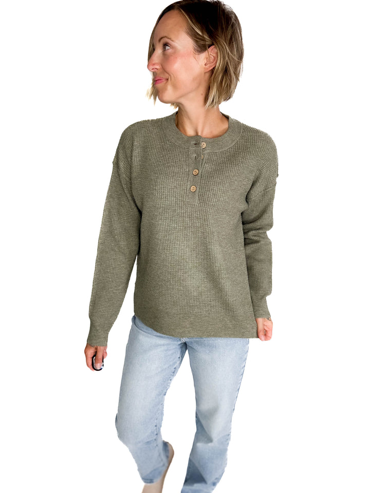Kayla Waffle Knit Henley Sweater- CREAMY OLIVE