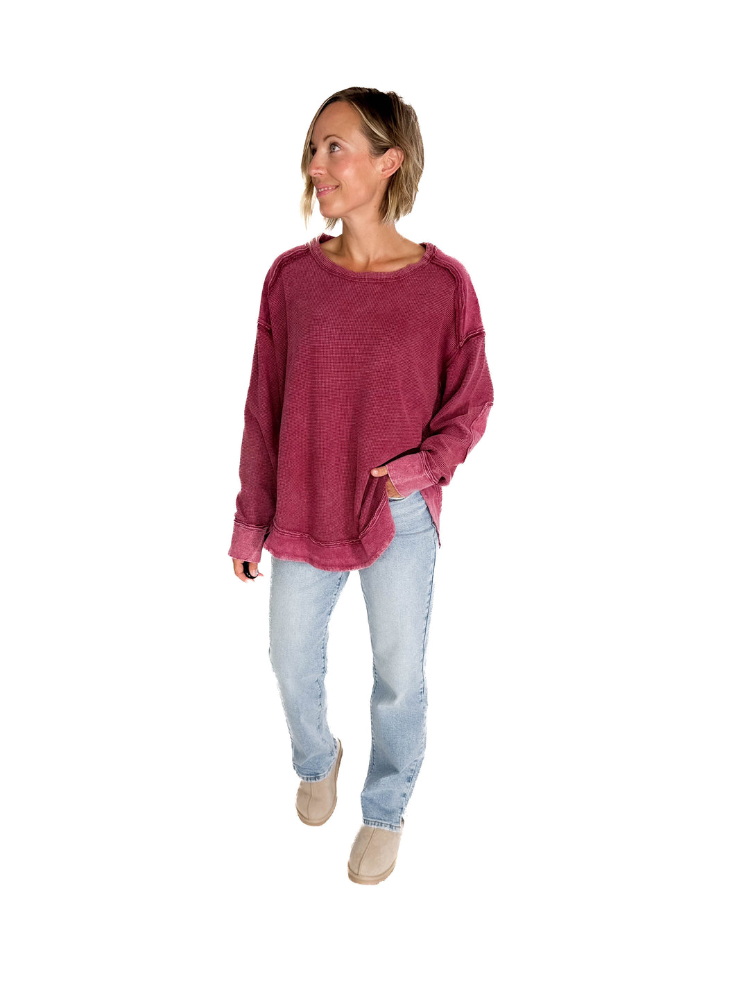 Jenna Long Sleeve Waffle Pullover- BURGUNDY