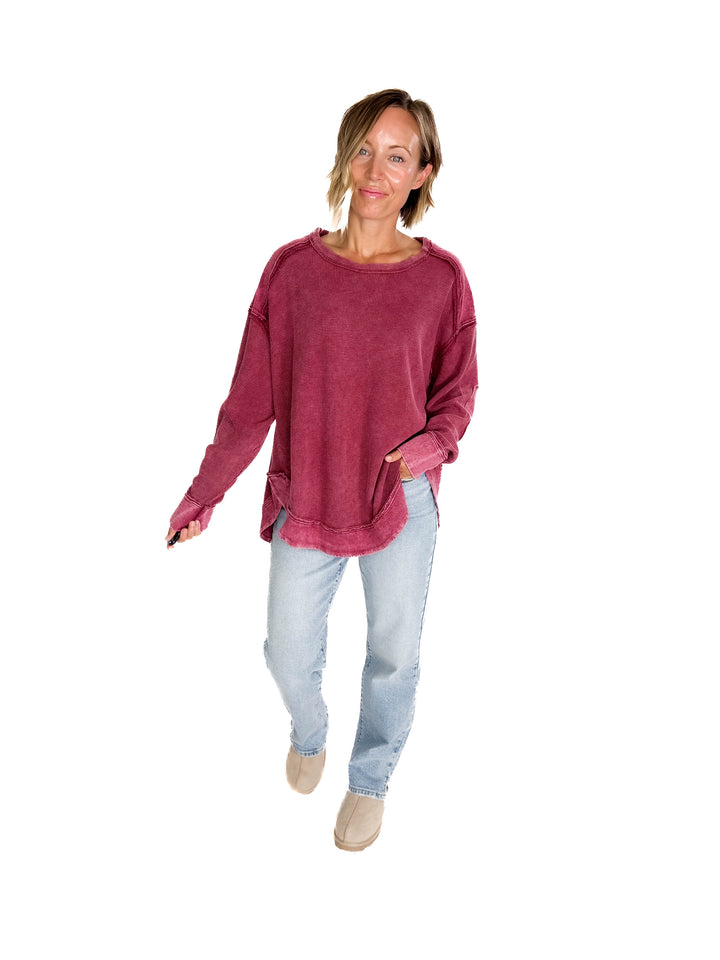 Jenna Long Sleeve Waffle Pullover- BURGUNDY