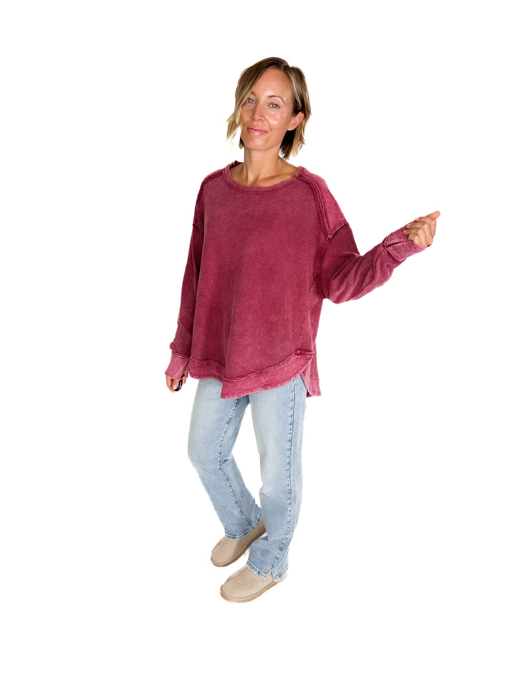 Jenna Long Sleeve Waffle Pullover- BURGUNDY