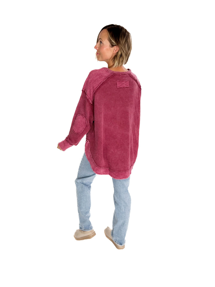Jenna Long Sleeve Waffle Pullover- BURGUNDY