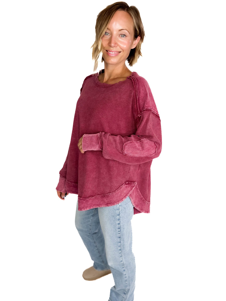 Jenna Long Sleeve Waffle Pullover- BURGUNDY
