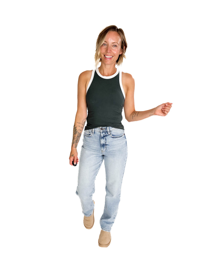 Elle Butter Colour Contrast Butter Tank- SMOKED SPRUCE/WHITE