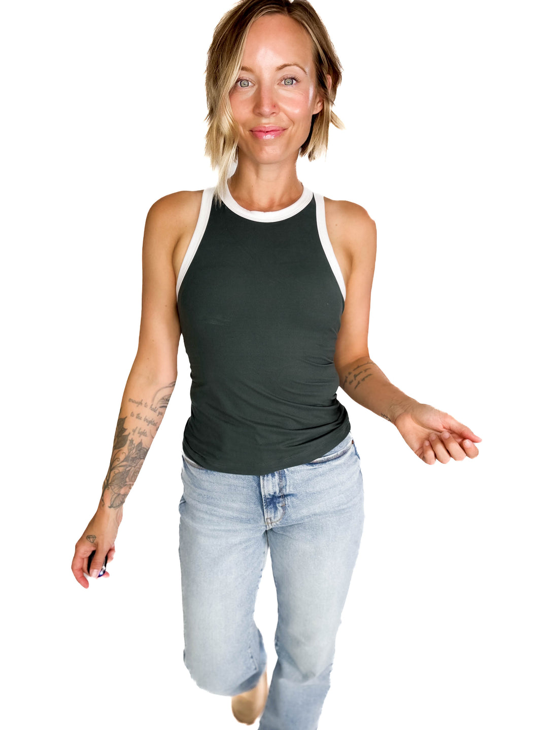 Elle Butter Colour Contrast Butter Tank- SMOKED SPRUCE/WHITE