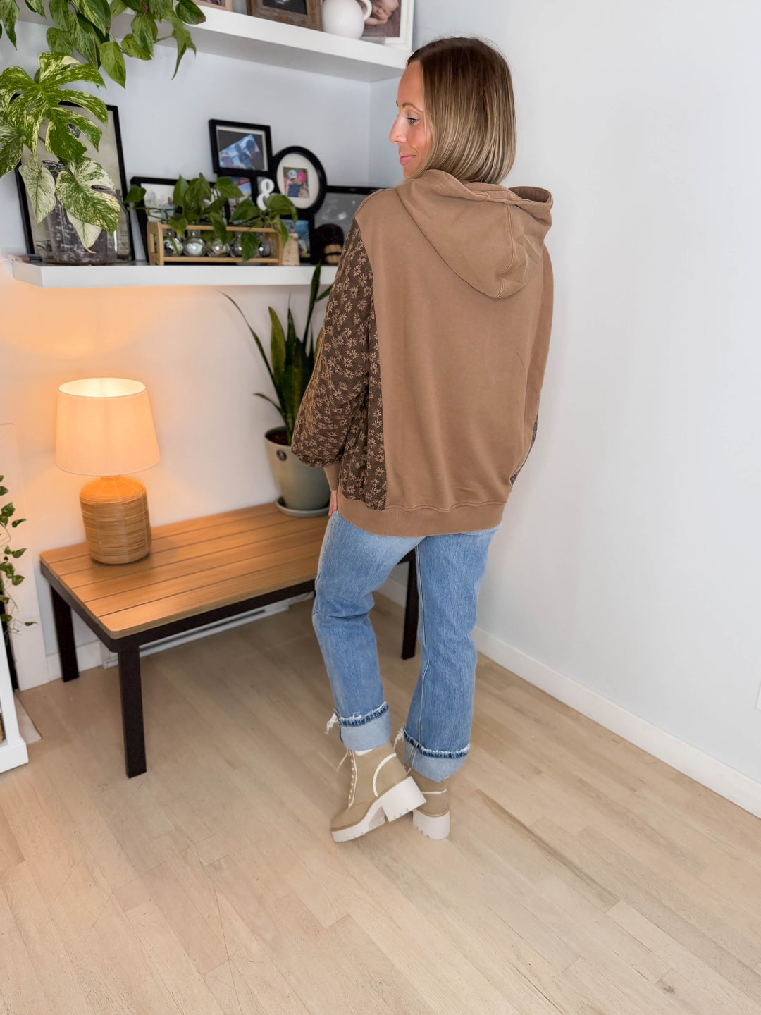 Cooper Mixed Floral Print Hoodie- MOCHA