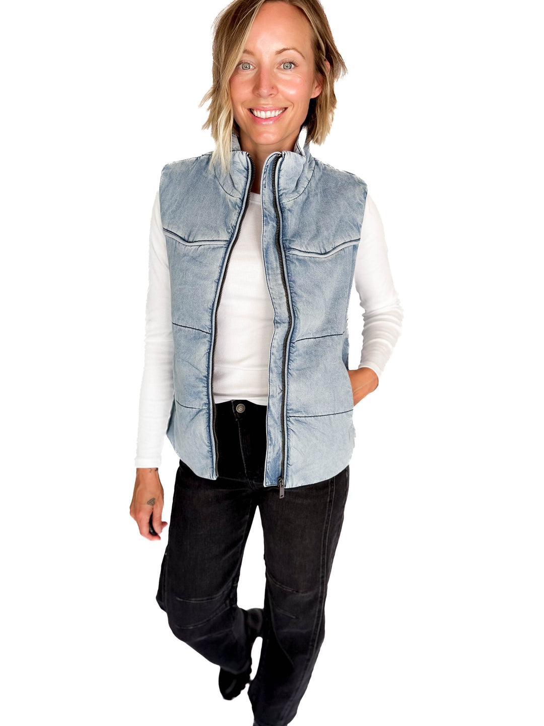 Eli Denim Puffer Vest- DENIM BLUE