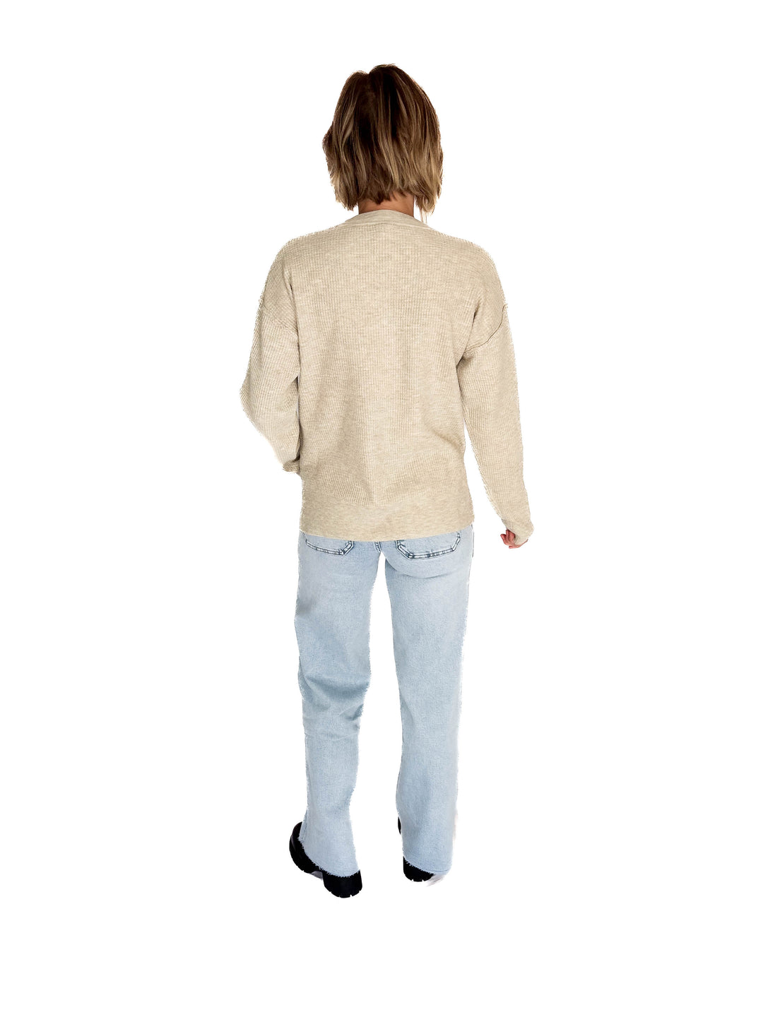 Kayla Waffle Knit Henley Sweater- OATMEAL