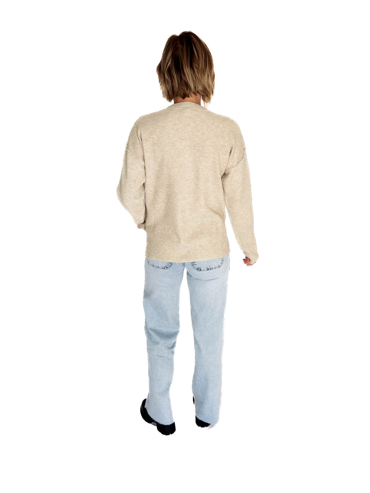 Kayla Waffle Knit Henley Sweater- OATMEAL