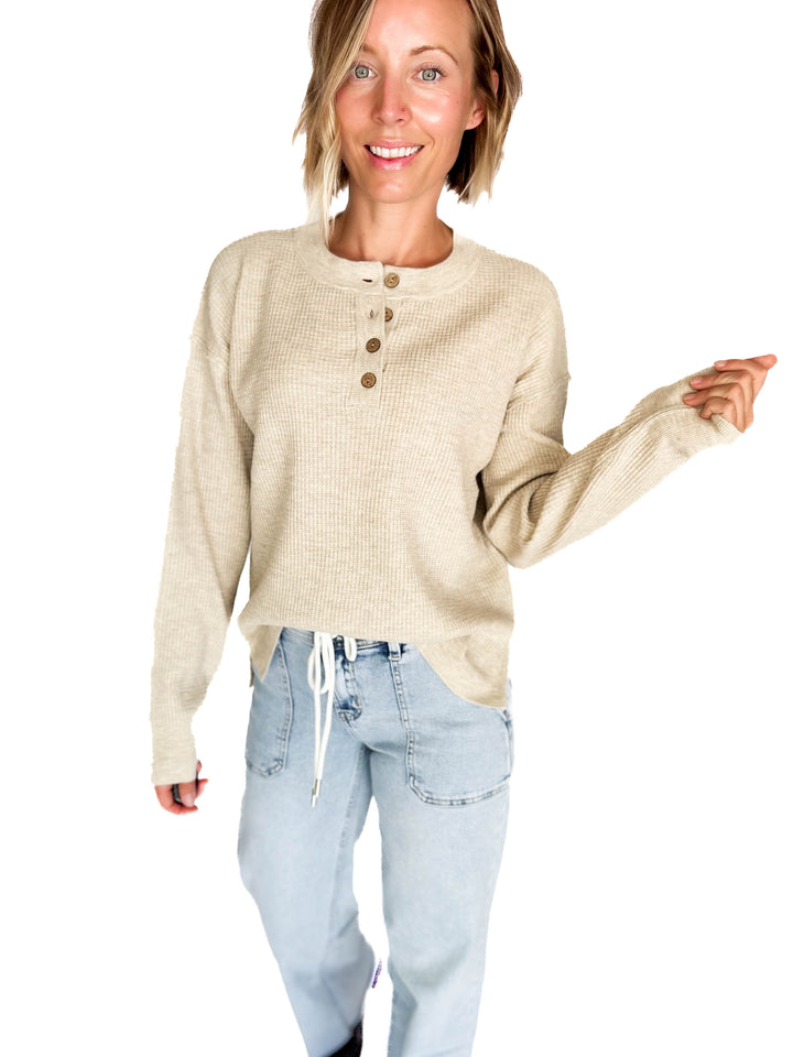Kayla Waffle Knit Henley Sweater- OATMEAL