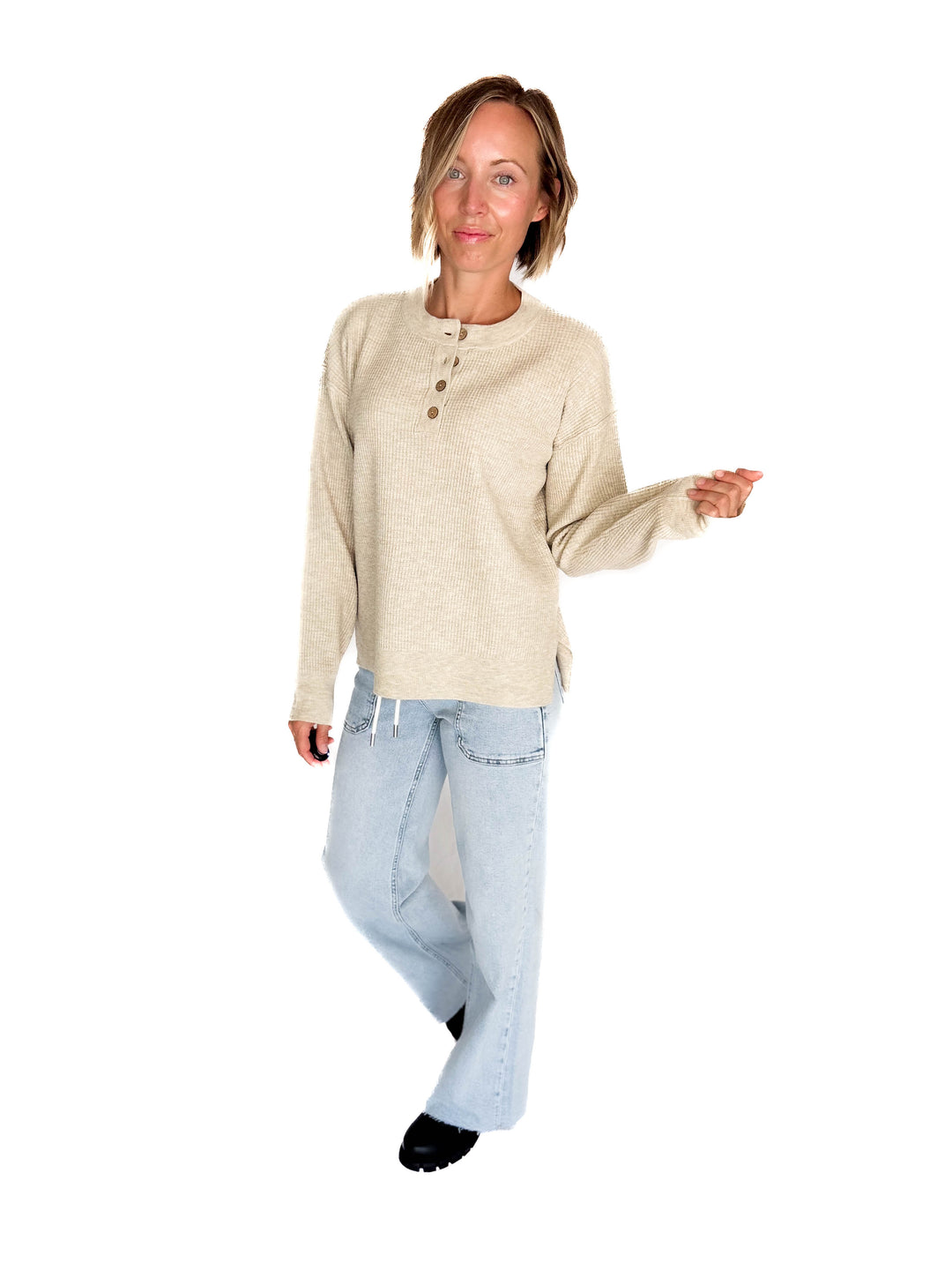 Kayla Waffle Knit Henley Sweater- OATMEAL