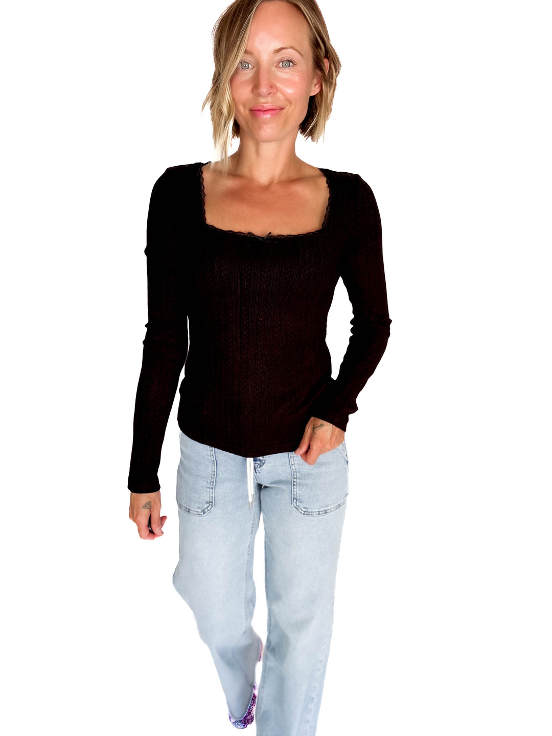 Kristin Edge Lace Neck Lace Detail Knit Top- BLACK