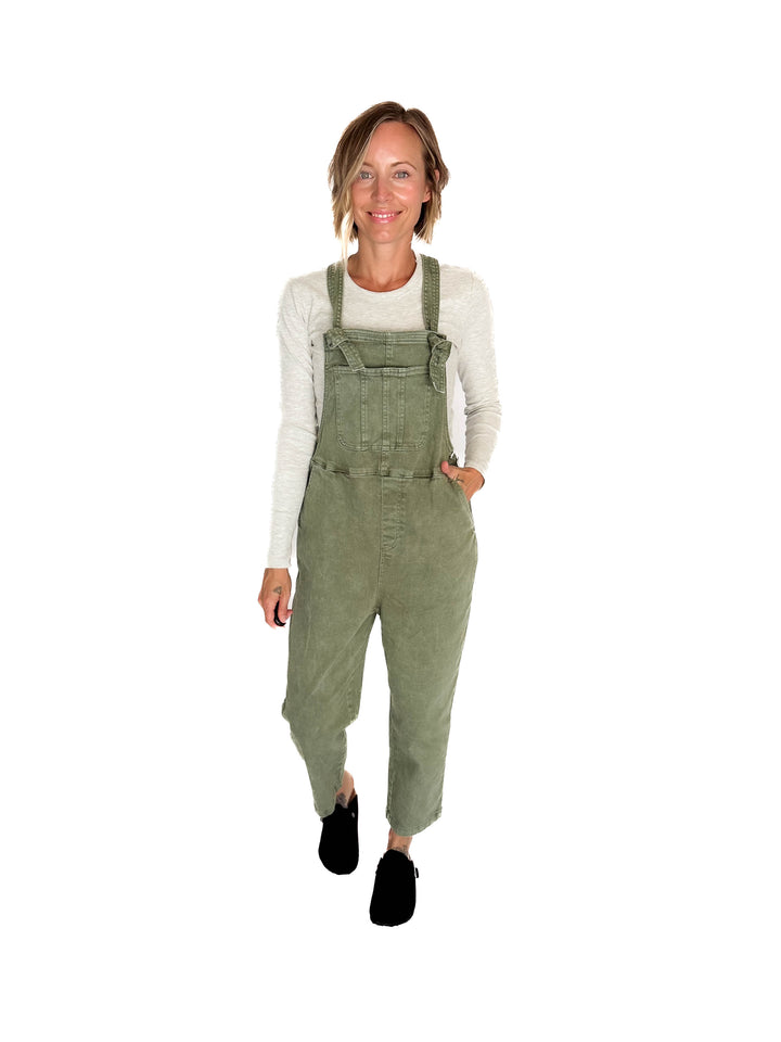 Katerina Washed Knot Strap Relaxed Fit Overalls- OLIVE