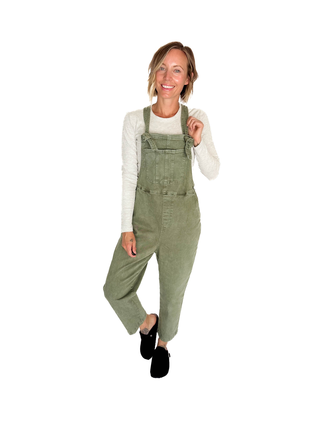 Katerina Washed Knot Strap Relaxed Fit Overalls- OLIVE