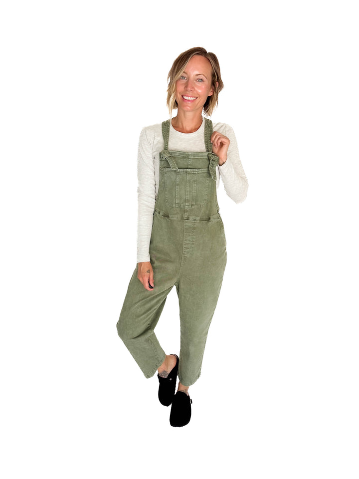 Katerina Washed Knot Strap Relaxed Fit Overalls- OLIVE