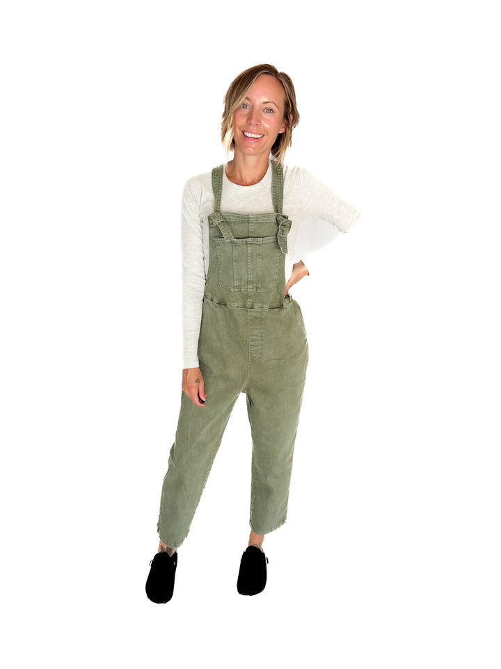 Katerina Washed Knot Strap Relaxed Fit Overalls- OLIVE