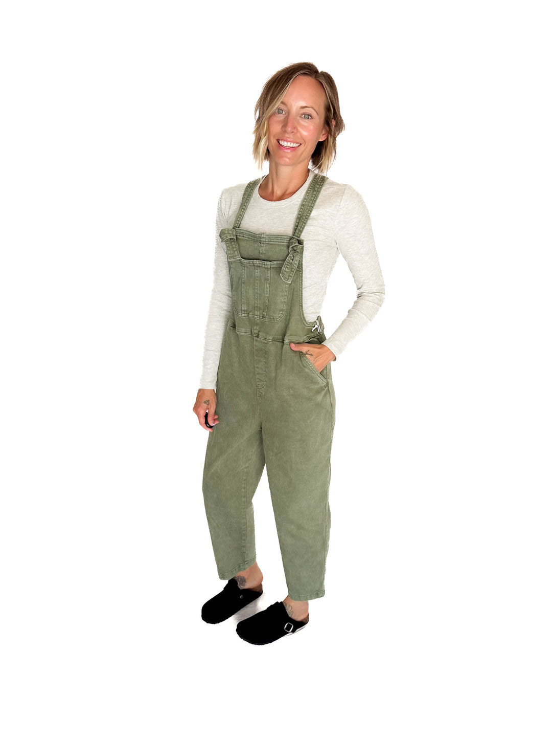 Katerina Washed Knot Strap Relaxed Fit Overalls- OLIVE