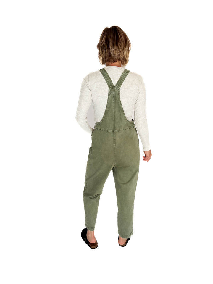 Katerina Washed Knot Strap Relaxed Fit Overalls- OLIVE