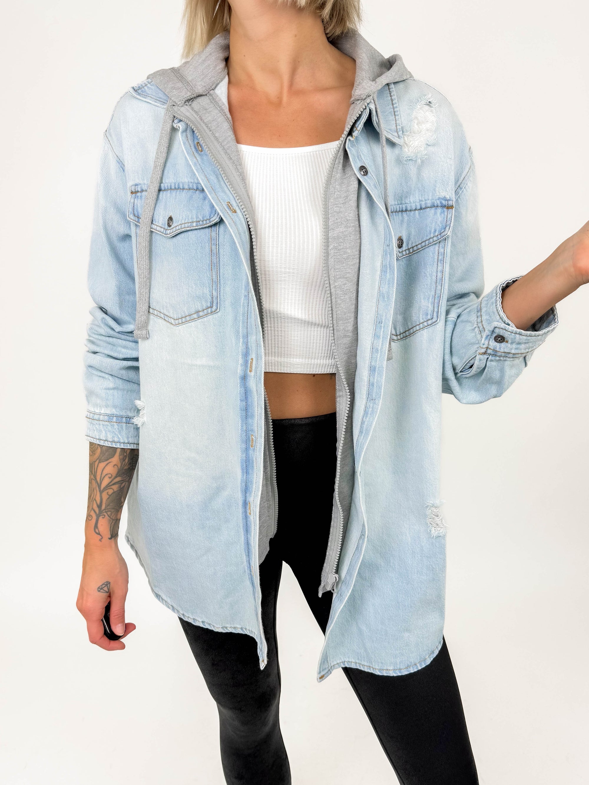 Grey hoodie denim clearance jacket