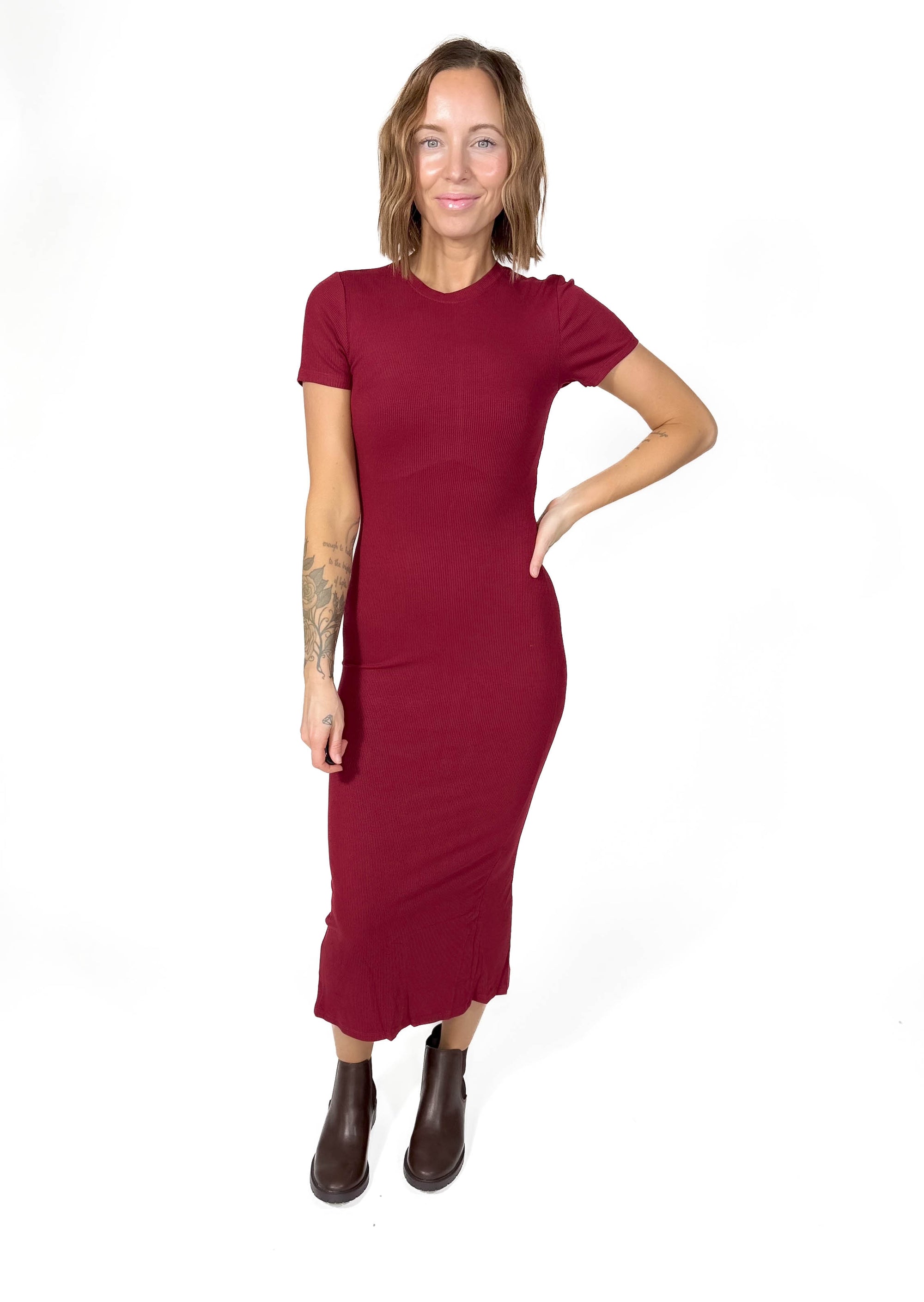 Merry Ribbed Midi Dress- ROUGE