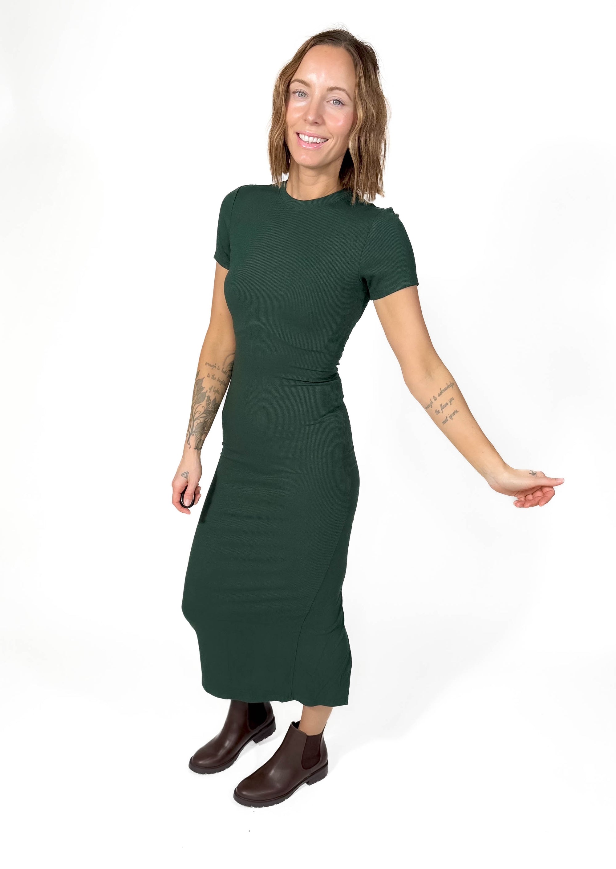 Merry Ribbed Midi Dress- DEEP PINE