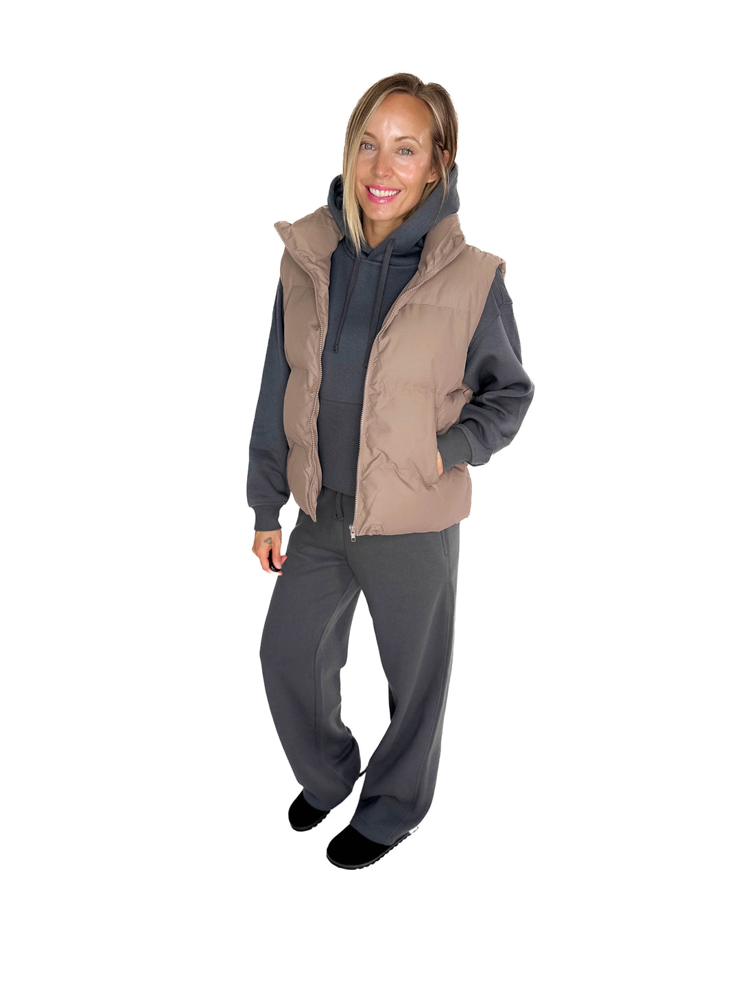Falling For You Puffer Vest- TAUPE GREY