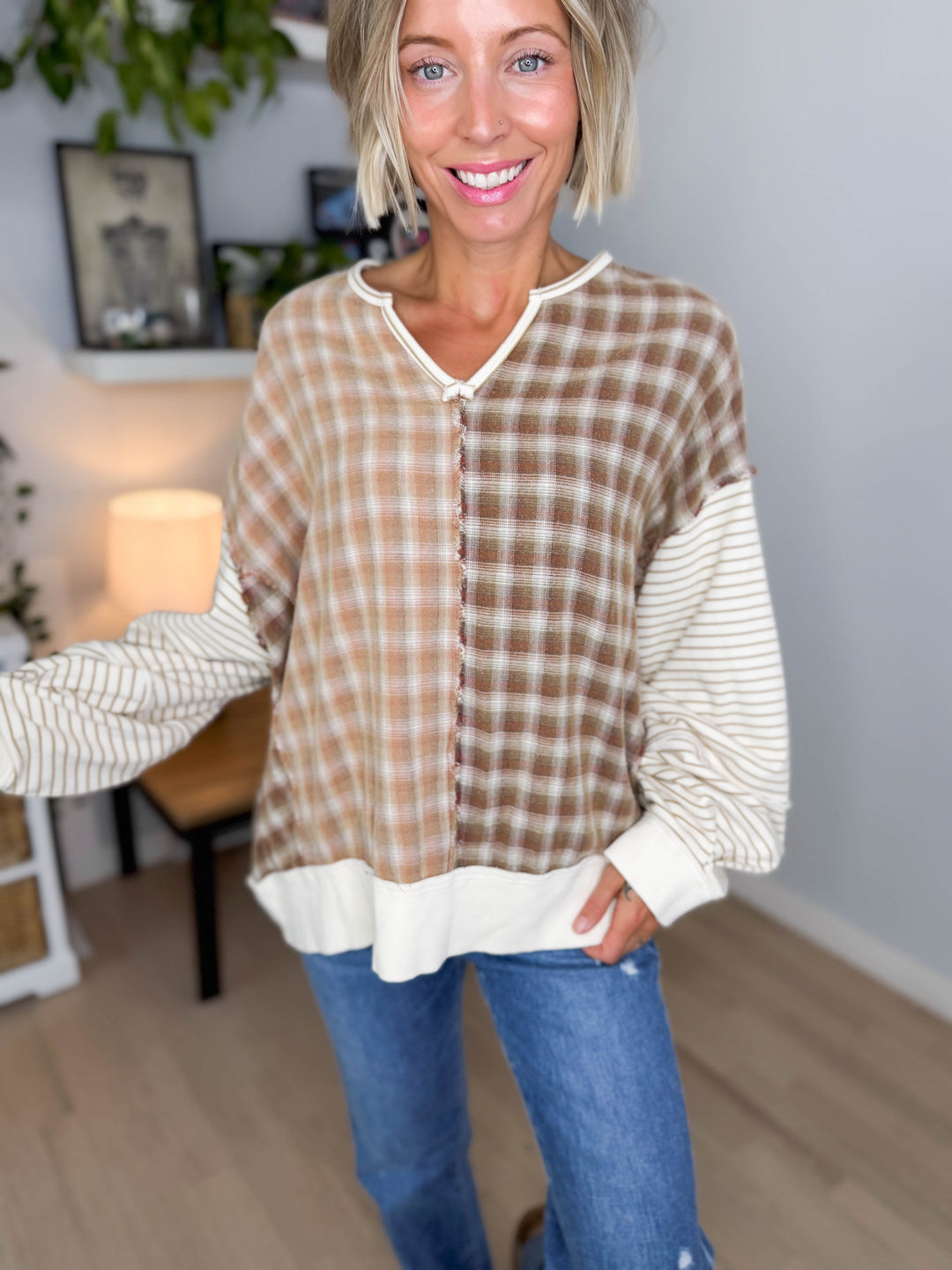 Sorrenta Oversized Plaid Mix Pullover- LATTE
