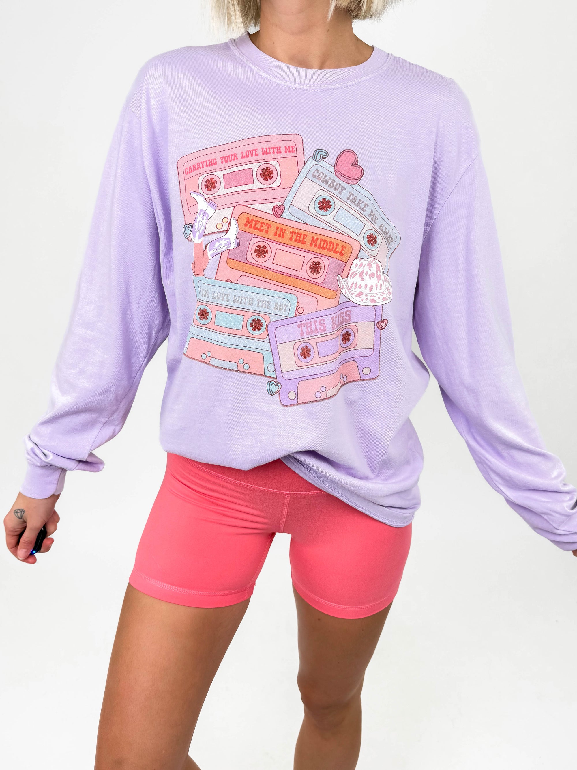 Country Cassettes Graphic Long Sleeve- LAVENDER