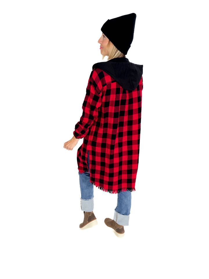 Falling Leaves Plaid Hoodie Jacket- RED
