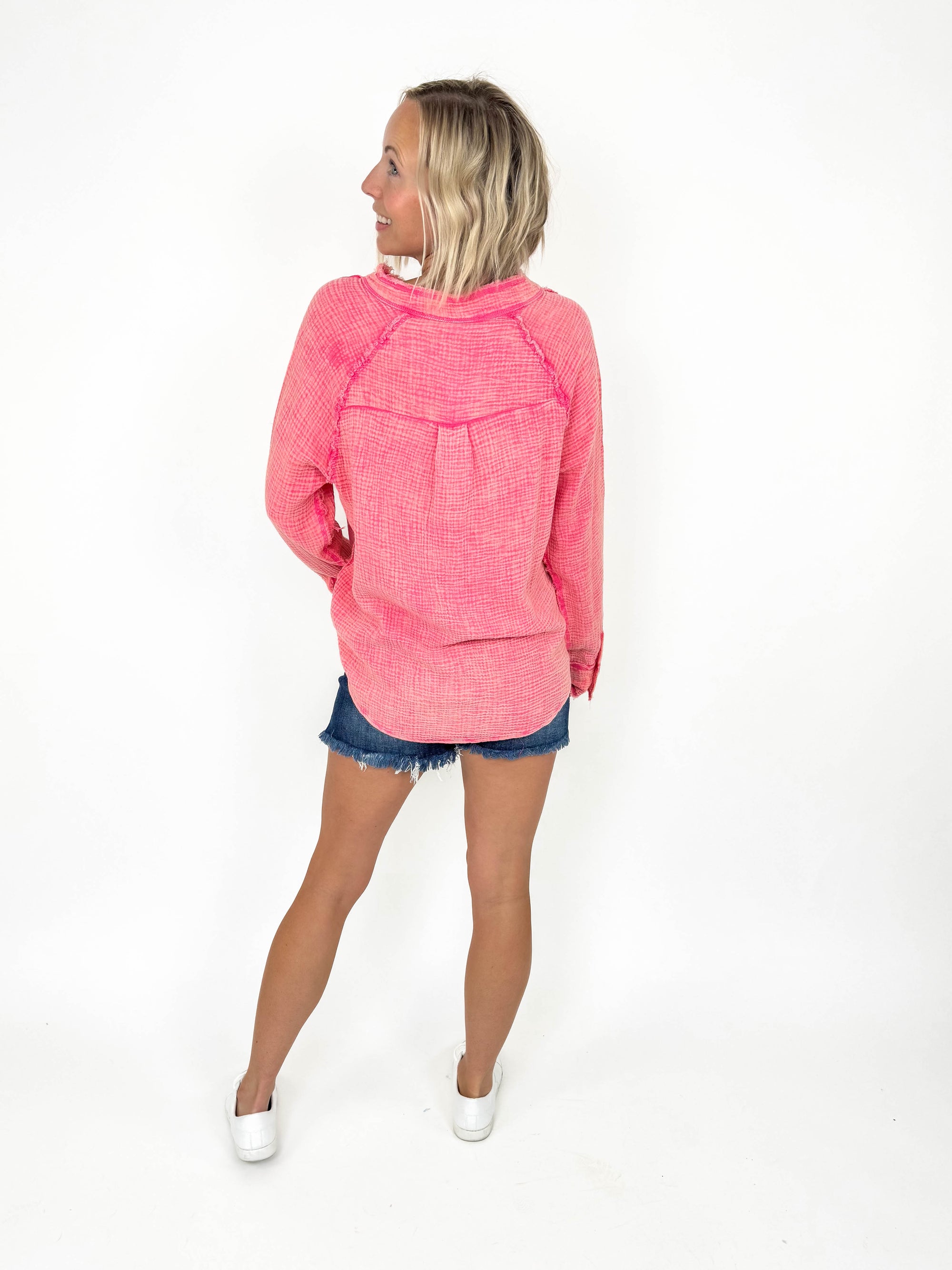 Laguna Cotton Button Up- WASHED HOT PINK-FINAL SALE