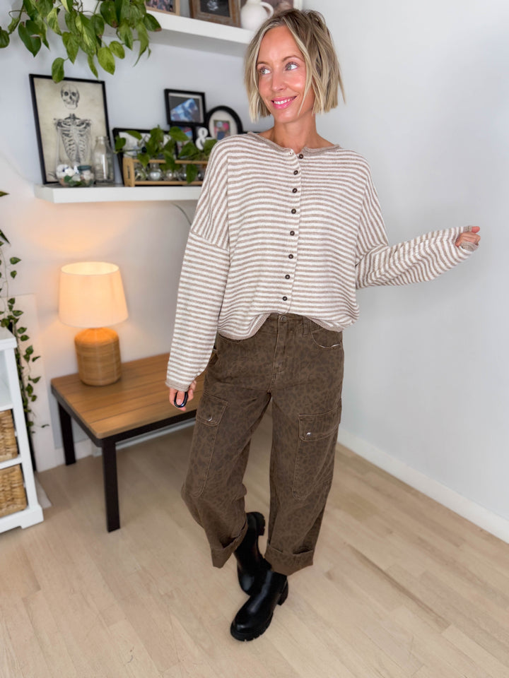 Acorn Raw Edge Button Down Cardigan- LIGHT MOCHA