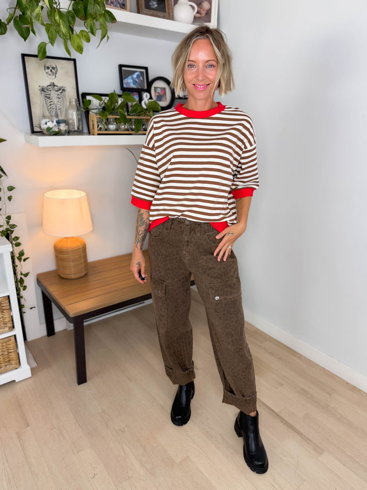 Bramble Colour Block Stripe Short Sleeve Pullover- BROWN MULTI