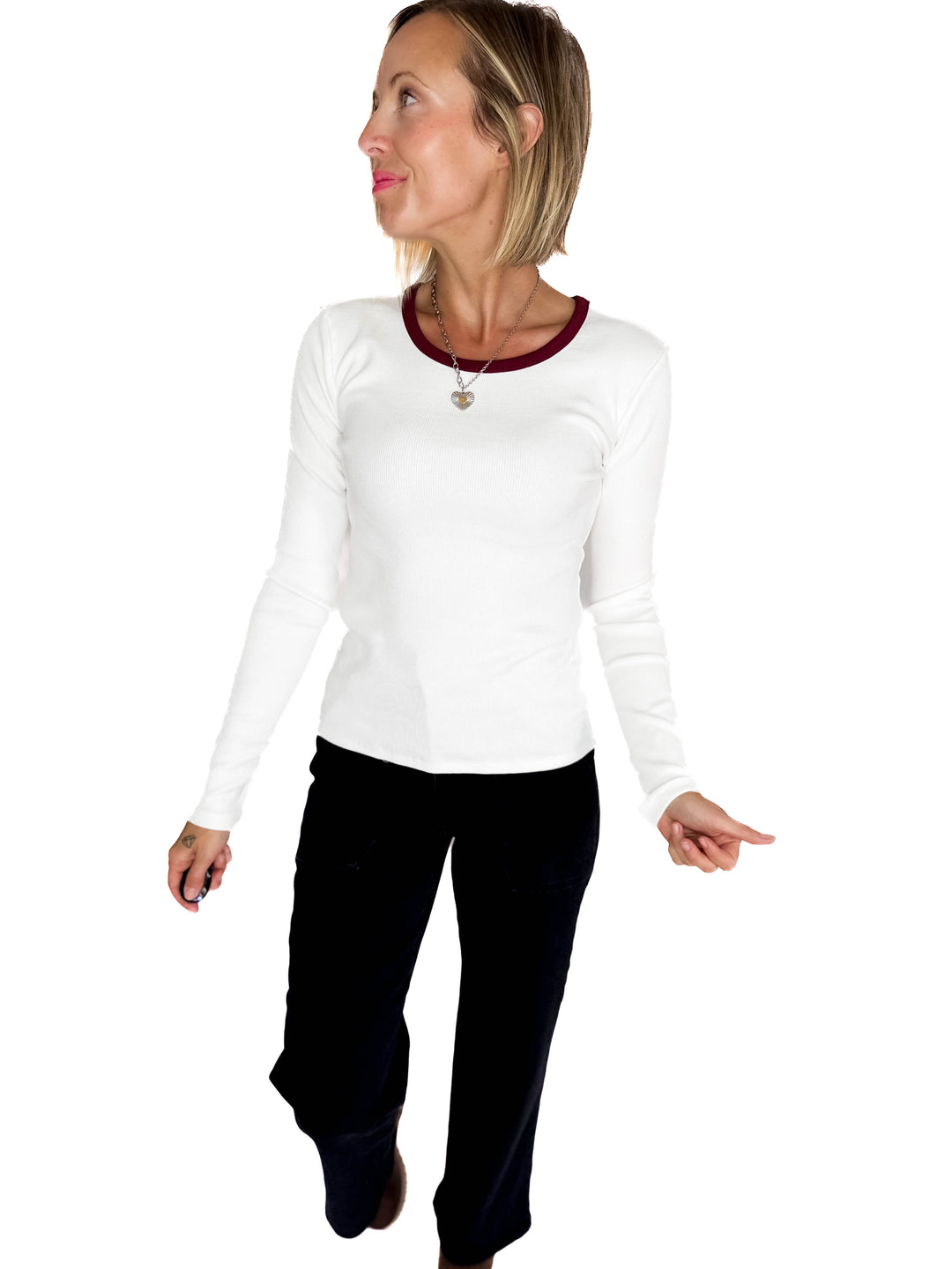 ONLY Organic Cotton Ribbed Maye Long Sleeve- WHITE/PORT