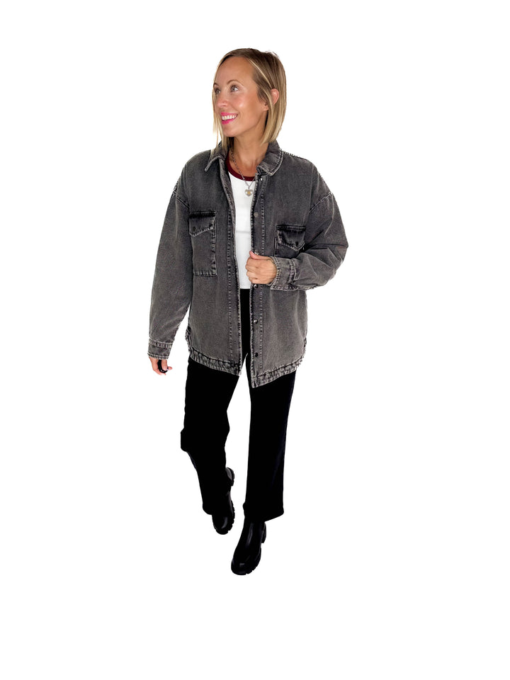 NOISY MAY Peyton Quilted Denim Shacket- DARK GREY