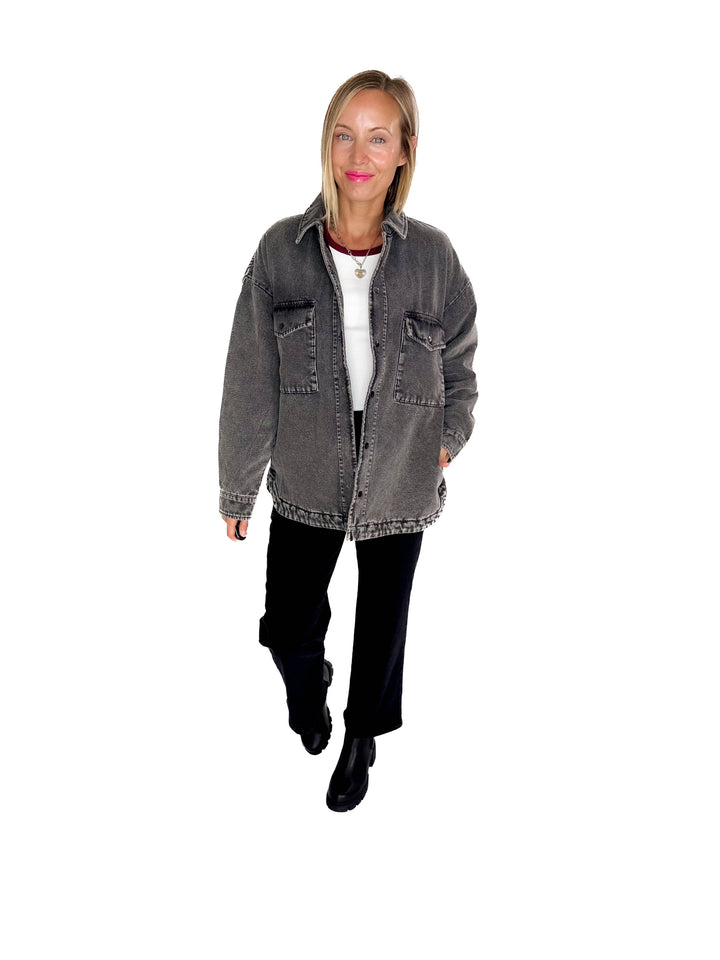 NOISY MAY Peyton Quilted Denim Shacket- DARK GREY