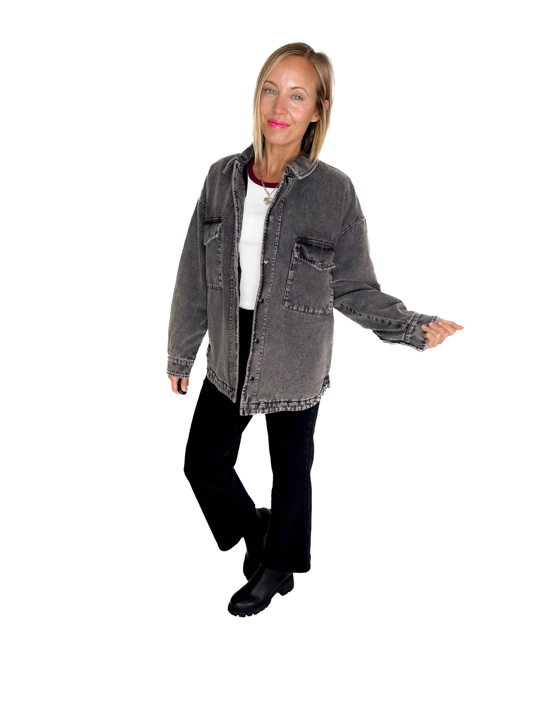 NOISY MAY Peyton Quilted Denim Shacket- DARK GREY