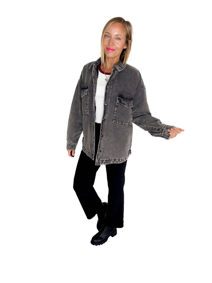 NOISY MAY Peyton Quilted Denim Shacket- DARK GREY