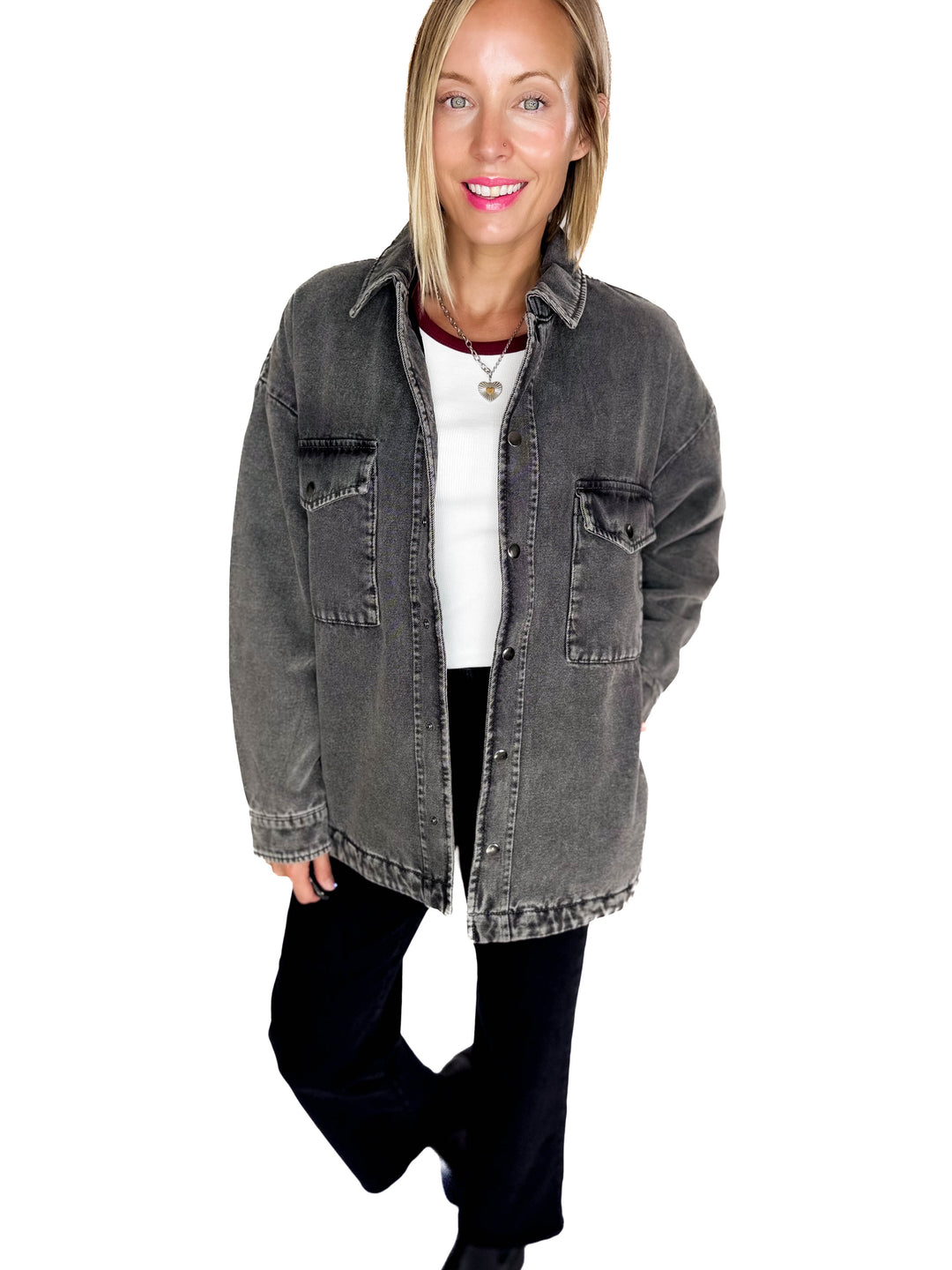 NOISY MAY Peyton Quilted Denim Shacket- DARK GREY