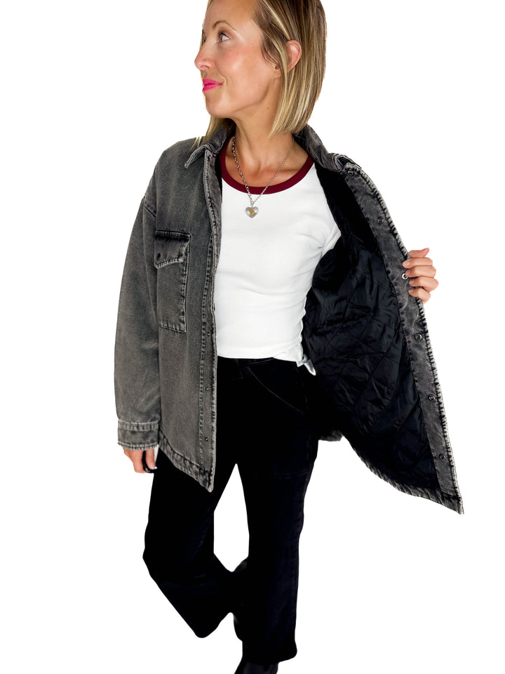 NOISY MAY Peyton Quilted Denim Shacket- DARK GREY
