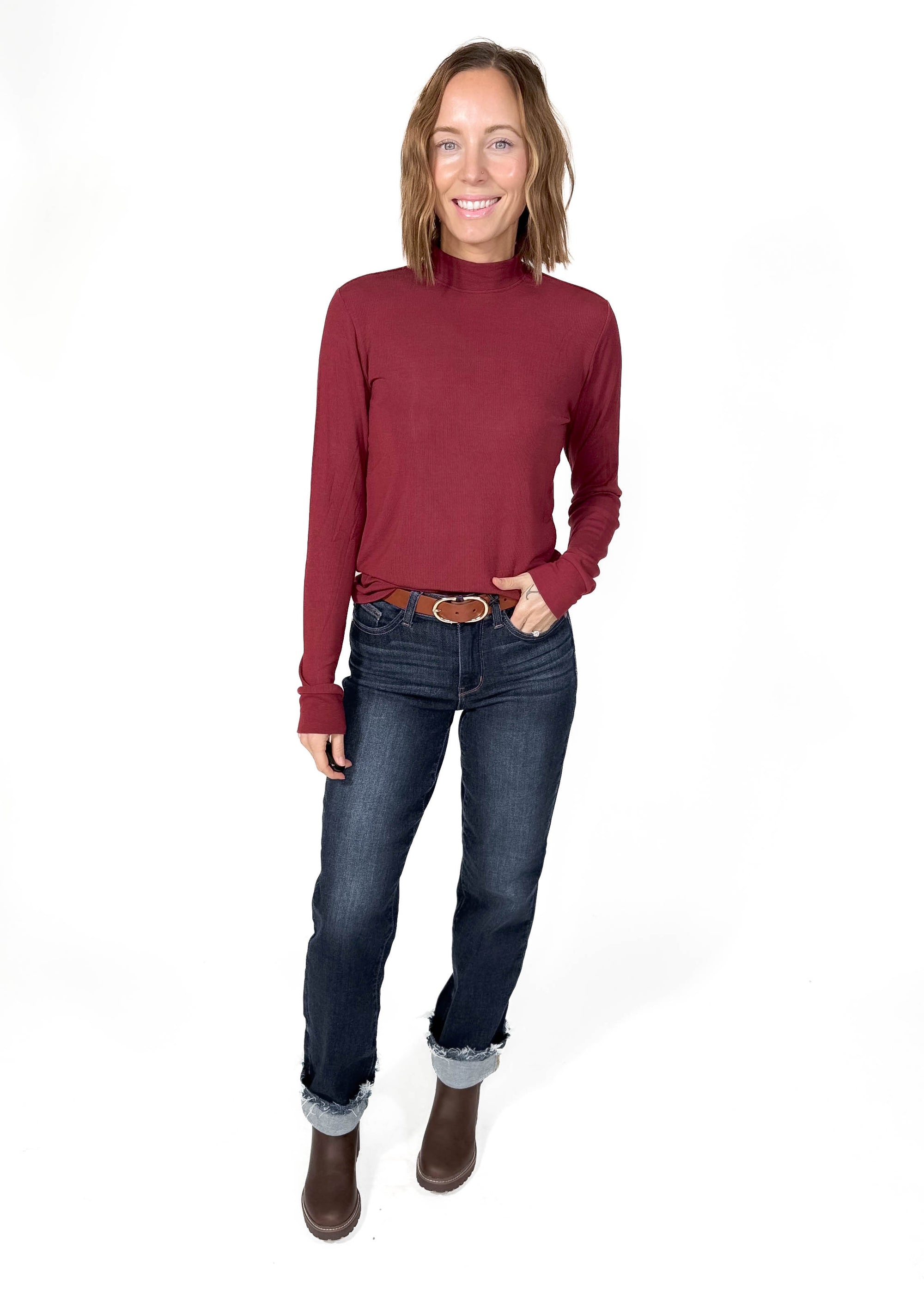 THREAD & SUPPLY Liz Mock Neck Long Sleeve- MAROON